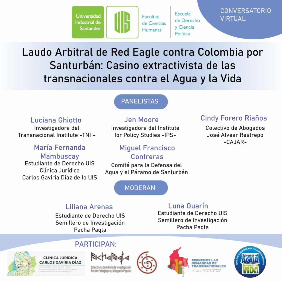 #HOY! Les esperamos en este espacio virtual en donde hablaremos sobre el Laudo Arbitral de Red Eagle contra Colombia por Santurbán: Casino extractivista de las transnacionales contra el Agua y la Vida! 🩵 🗓 Viernes 12 de abril de 2024 ⏰ 3:00 p.m. 🎥 Facebook: @ComiteSanturban