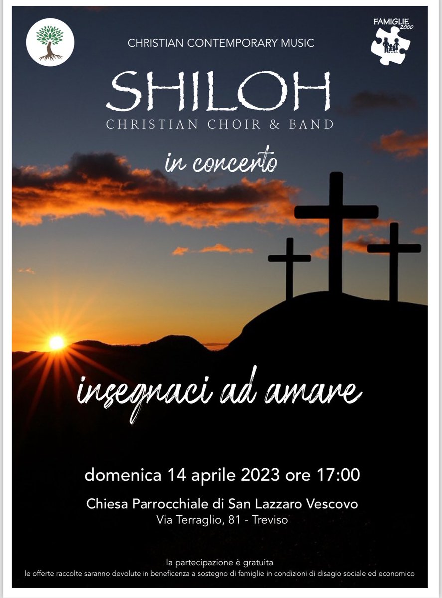 Famiglie2000's tweet photo. Non perdete l’appuntamento di DOMENICA 14 APRILE presso la parrocchia di San Lazzaro a Treviso con il concerto del #coroshiloh 

La partecipazione è libera. Il ricavato delle offerte sarà devoluto ad alcune #famiglie che sono in 
situazione di disagio economico.

Vi aspettiamo! https://t.co/ls4aNwARLA