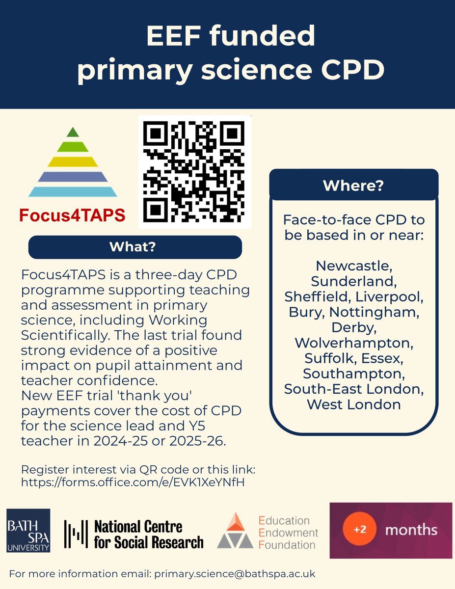 Funded CPD to support primary science teaching & asst, inc Working Scientifically. If new: webinars at 4pm on Tues 16th & Wed 24th April. Register interest: forms.office.com/e/EVK1XeYNfH If registered interest but not yet got Head's signature, please let us know, before places run out!