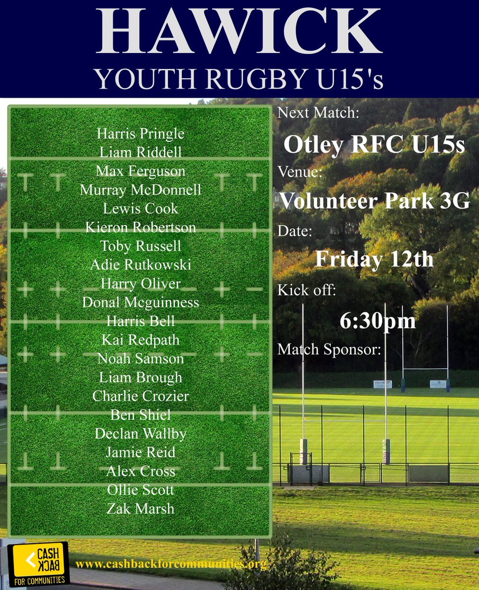 Our U15s face Otley RFC U15s in a friendly tonight at Volunteer Park. Go well lads 💪🏉💚 #HawickYouthRugby #BIHB #AONR