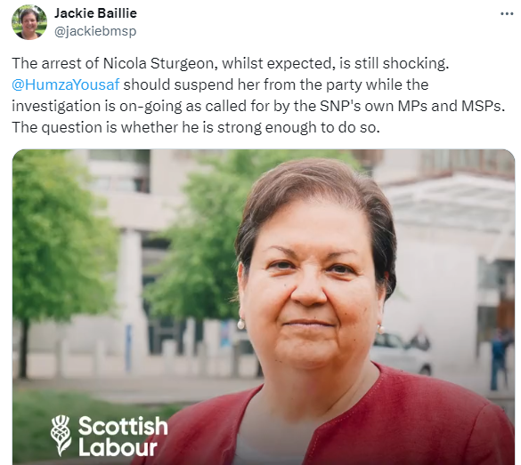 msm_monitor's tweet photo. Jackie Baillie called for Nicola Sturgeon to be suspended from the SNP after the former FM was arrested and questioned. We await Baillie being asked whether Angela Rayner should now be suspended from the Labour party. Will STV or BBC Scotland challenge her? https://t.co/4370Ja7Qqy