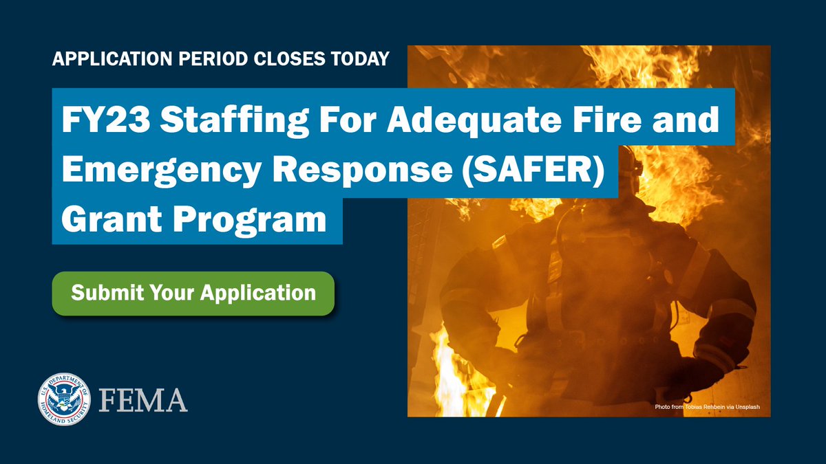 Last chance! The FY 23 SAFER Grant Program application period closes TODAY at 5 pm ET. Check the status of your application here⤵️ grants.gov/search-results…