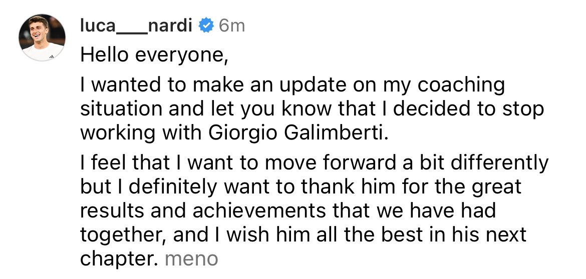 Luca #Nardi annuncia la separazione con coach Giorgio Galimberti dopo appena 4 mesi di collaborazione IG 📸