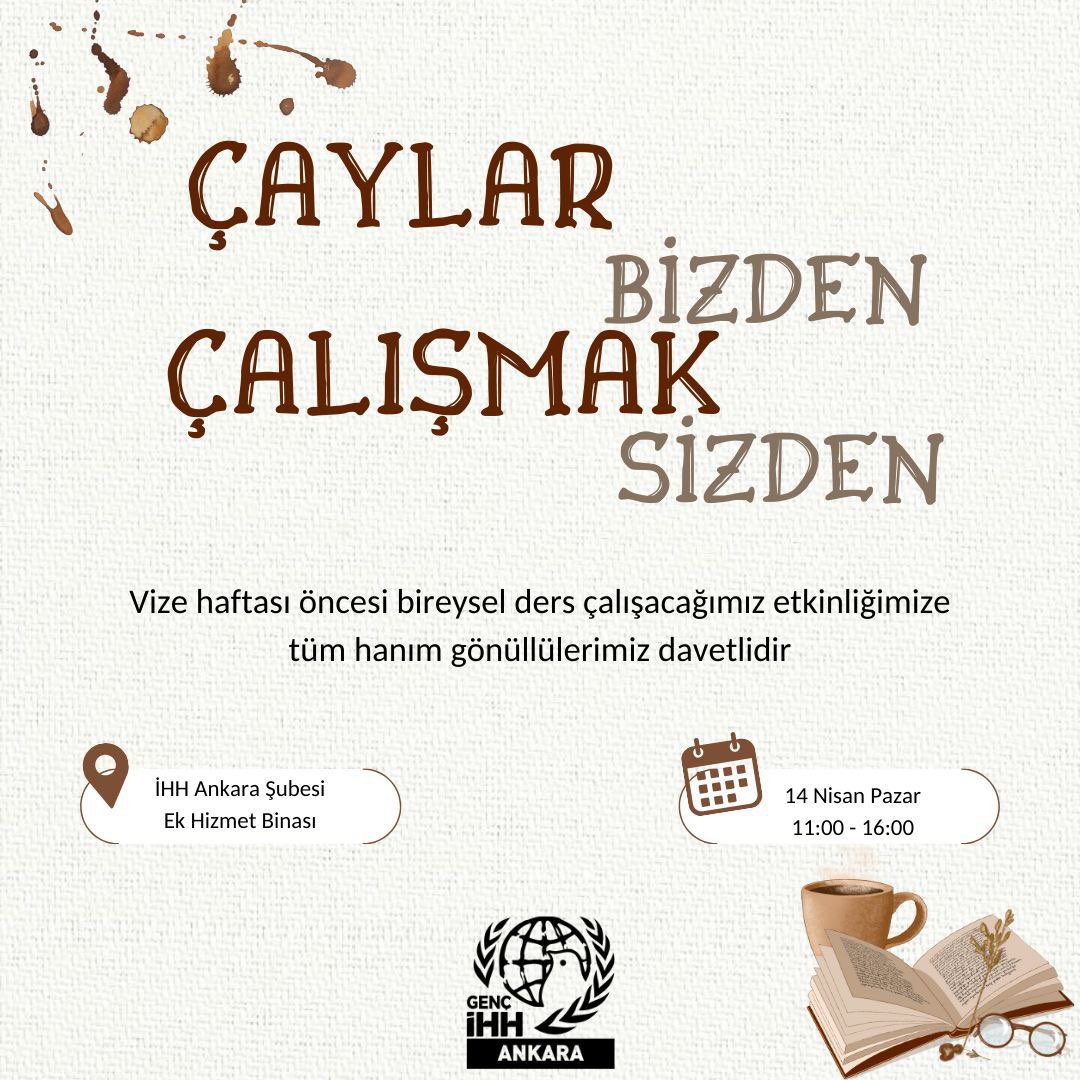 Vize haftası öncesi bireysel ders çalışacağımız etkinliğimize tüm hanım gönüllülerimiz davetlidir. 📆14 Nisan Pazar ⏰11:00 - 16:00 📍İHH Ankara Şubesi Ek Hizmet Binası 📌 Katılım için lütfen biyografideki formu doldurunuz.