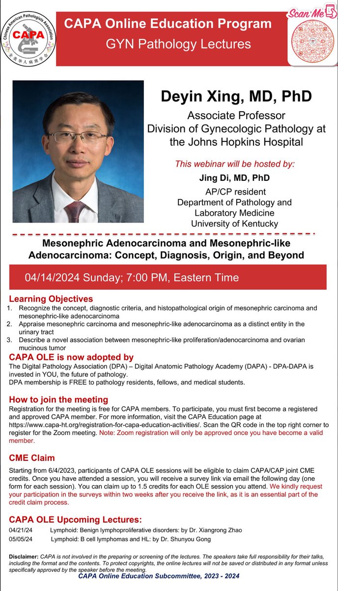 💡Highlight the upcoming #GYNPath session this Sunday (4/14) at 7 PM ET! Dr. Deyin Xing from @JHUPath will talk about Mesonephric Adenocarcinoma and Mesonephric-like Adenocarcinoma, covering the concepts, diagnosis, and histopathological origins. Host: Dr. Jing Di @JD_path