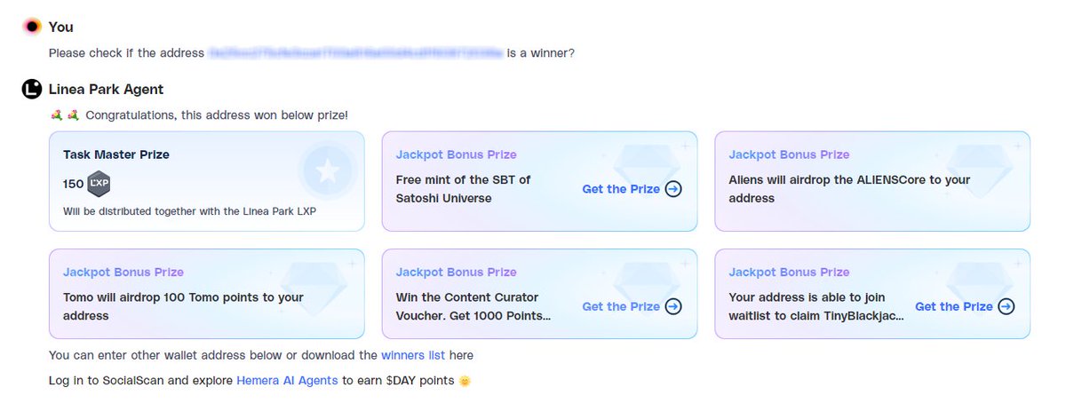 Linea Park Easter Surprise is Now Revealed! 🔥 Check your luck: socialscan.io/hemera/agent/l… Simply click 'Check if I won the raffle' and connect your wallet to see the results.