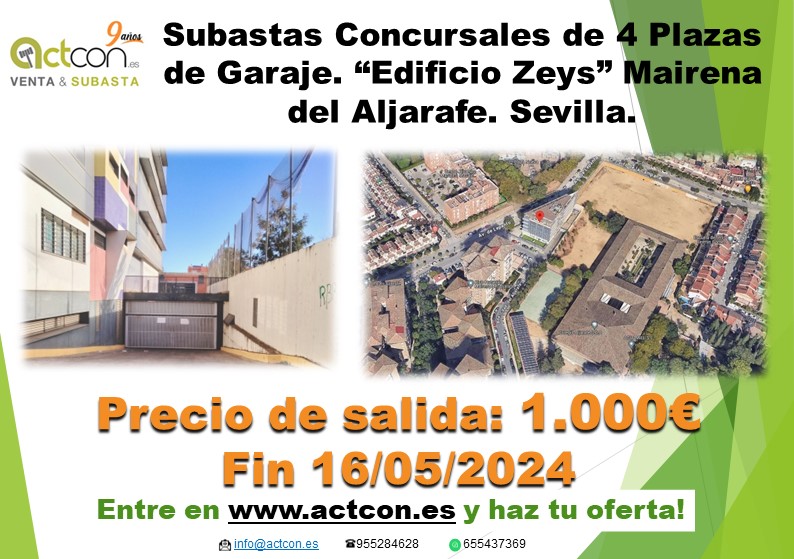 📢Subastas Concursales de 4 Plazas de Garaje. “Edificio Zeys” Mairena del Aljarafe. Sevilla.📢
actcon.es/activo/n/plaza…
Info en Ficha de Condiciones de Subasta en ACTCON.es
#OPORTUNIDAD #Subasta #subastasonline #Actcon #mairenadelaljarafe #plazasdegaraje #sevillacity