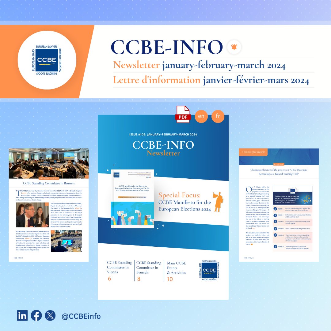 🟢[INFO CCBE | janvier-février-mars 2024] Retrouvez toutes nos dernières #actualités, prises de position et activités dans notre lettre d’information #105 : ccbe.link/fr105