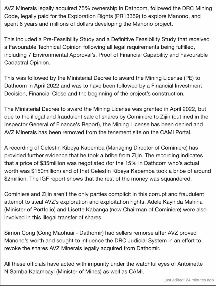 <a href="/acajasbl/">ACAJ</a> <a href="/fatshi13/">Félix A. Tshisekedi</a> <a href="/Presidence_RDC/">Présidence RDC 🇨🇩</a> <a href="/JudithTuluka/">judith SUMINWA TULUKA</a> <a href="/julienpalukucom/">JULIEN PALUKU</a> <a href="/RoseKiese60/">Rose Kiese Mutombo</a> <a href="/NicolasKazadi3/">Nicolas Kazadi</a> 

<a href="/IgfRdc/">IGF/RDC Officiel</a> <a href="/WorldBankAfrica/">World Bank Africa</a> <a href="/IMFAfrica/">IMF Africa</a> <a href="/icsid/">ICSID</a> <a href="/iccwbo/">International Chamber of Commerce</a> 

Please read all the following information &amp; links on AVZ, Dathcom &amp; the corruption of Celestin Kibeya &amp; Cominiere

thestockexchange.com.au/threads/rampan…