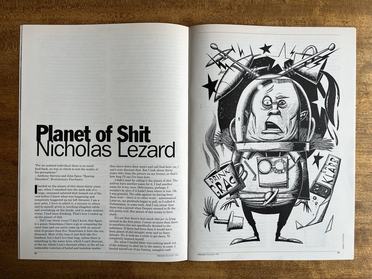 Nice to see @Nicklezard in his @NewStatesman column mention his story Planet of Shit from Dec 1996 Interzone, which David Pringle kindly let me guest-edit with @johnoakeydesign as guest-designer. Illustration on Nick’s story by David Lyttleton.