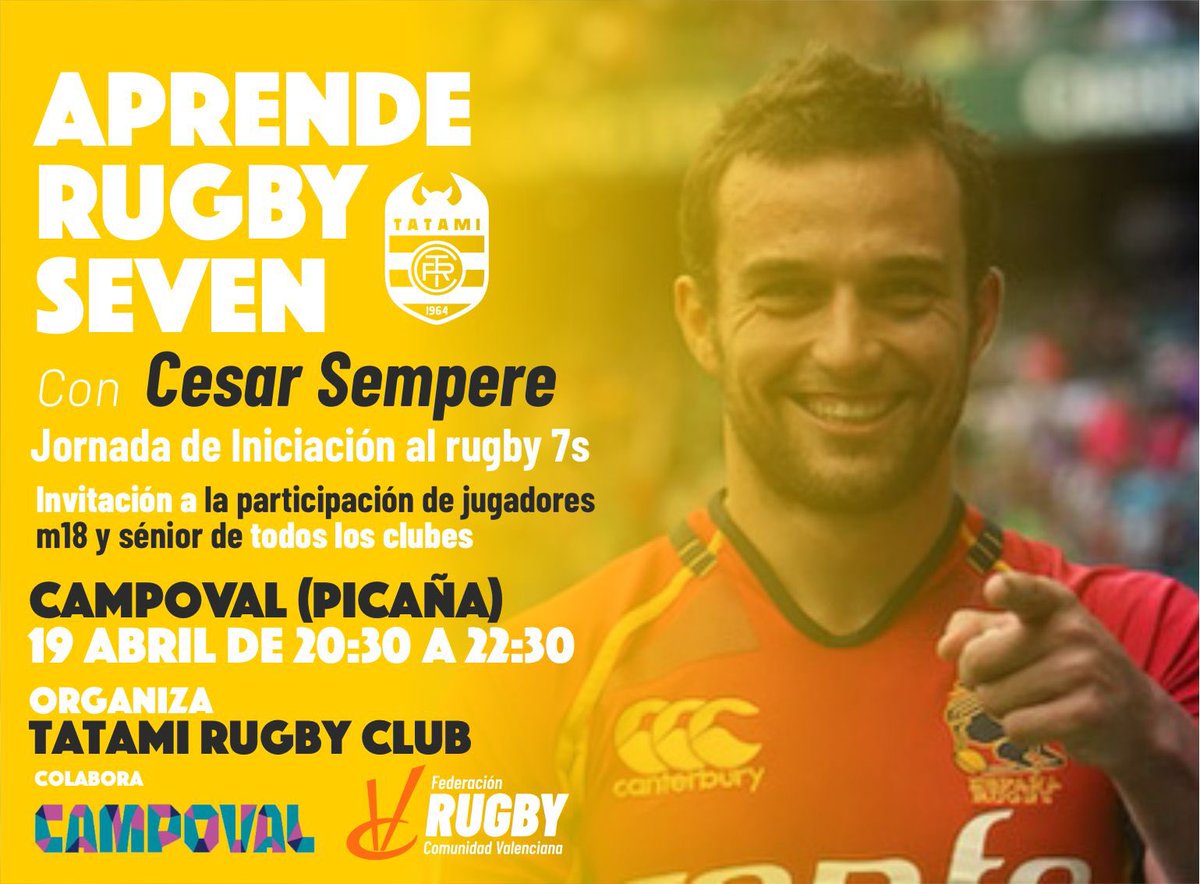 📣 CLINIC DE SEVEN📣

Invitamos a los jugadores s18 y senior de TODOS los equipos a participar en un Clinic de Seven de la mano del olímpico César Semper. 

Os esperamos el viernes 19 de 20:30 a 22:30 en @campovalrugby !!!