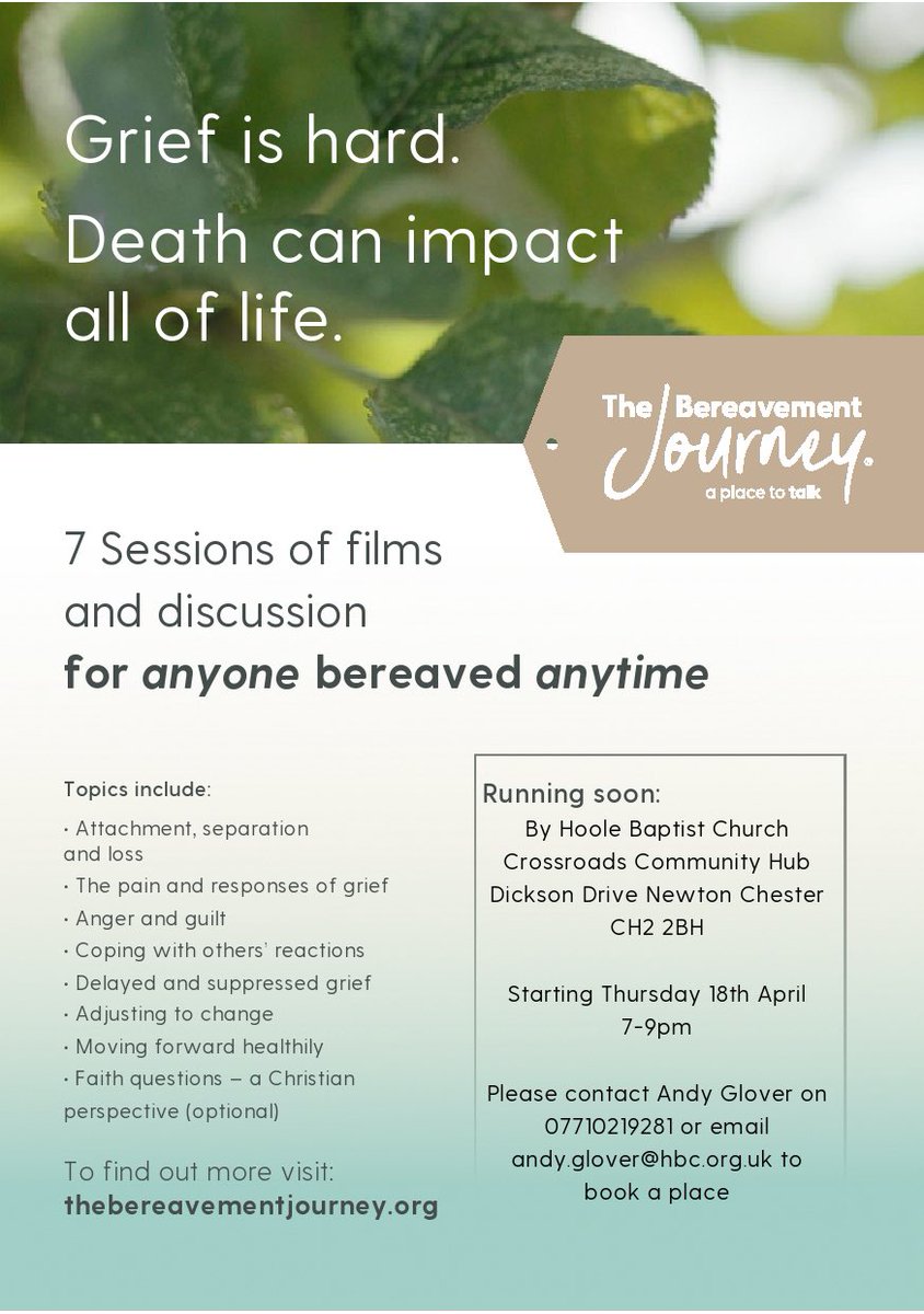 Next Thursday 18th April we shall begin the Bereavement Journey Hosted at @crossroads_hub There are still a few a few spaces available For more information eventbrite.co.uk/e/the-bereavem… @AtaLoss @thebereavementj @ShitChester @chestertweetsuk @cwvolaction @HealthboxCIC