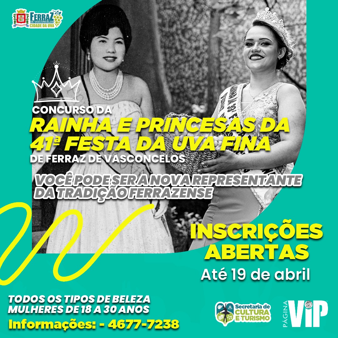 cidadedeferraz's tweet photo. ❤️RETOMADA: CONCURSO DA RAINHA DA 41ª FESTA DA UVA FINA DE FERRAZ DE VASCONCELOS ❤️

Inscrições abertas até o dia 19/04 para o concurso de Rainha e Princesas da Festa da Uva.

📲 Mais informações e inscrições, basta entrar em contato no Link abaixo:

https://t.co/LbhkEYCVWM https://t.co/NbHf5n96ZO