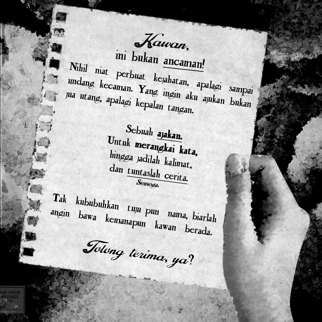 ️️
 ️️
 ️️  
 ️️  
[ 𝑀𝐴𝐴𝐹, BOLEH MINTA CUIT ULANG-NYA? ]

Selamat malam. 

Dibagikan sebab hendak mengajak siapapun nan miliki waktu luang dan berkenan 'tuk menulis bersama.

Satu cerita. Dua cerita.
Bebas, selama suka!

Jadi, mari berdiskusi? 
  ️
️  
️️ ️
️
