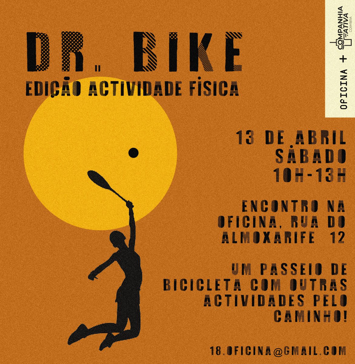 Este sábado, dia 13 de abril, das 10h às 13h, teremos a 2.ª edição do Dr. Bike organizado pela Oficina e Companhia Ativa.

🚲 O tema é atividade física e o percurso vai ser urbano unindo a Oficina, o Choupal e o Parque Verde.