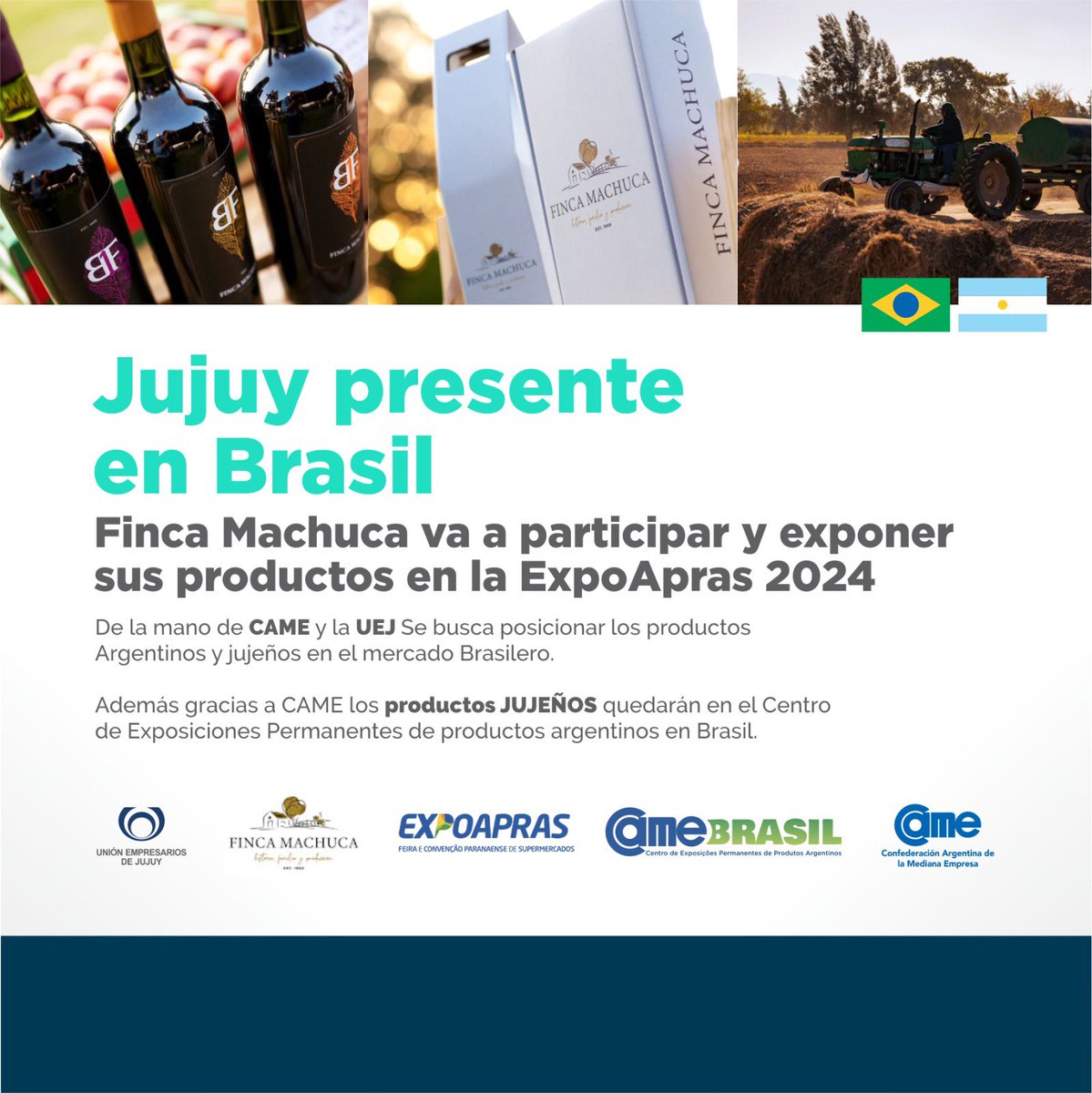 🇦🇷🇧🇷Jujuy presente en Brasil 

Finca Machuca va a participar y exponer sus productos en la ExpoApras 2024 y el Centro de Exposición Permanente de Brasil. 
De la mano de CAME y la Unión Empresarios de Jujuy
Se busca posicionar productos Argentinos y jujeños en el mercado Brasilero