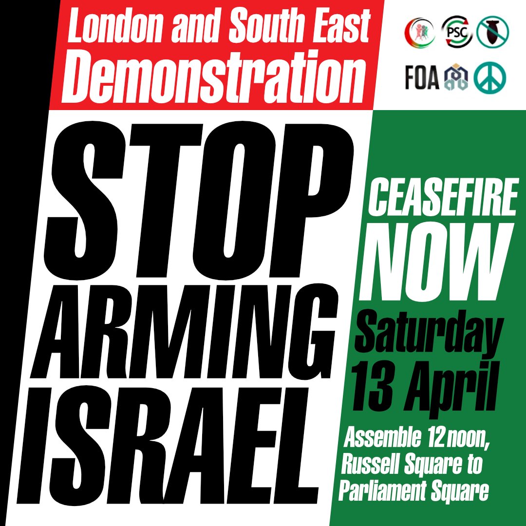 📢 #CeasefireNow - London demo! Join us on the streets of London tomorrow for where we'll call on the British government to #StopArmingIsrael! 📍Assemble from 12 noon at Russell Square! 🖋️ Write to your MP, urging them to back an arms embargo: cnd.eaction.org.uk/EDM177