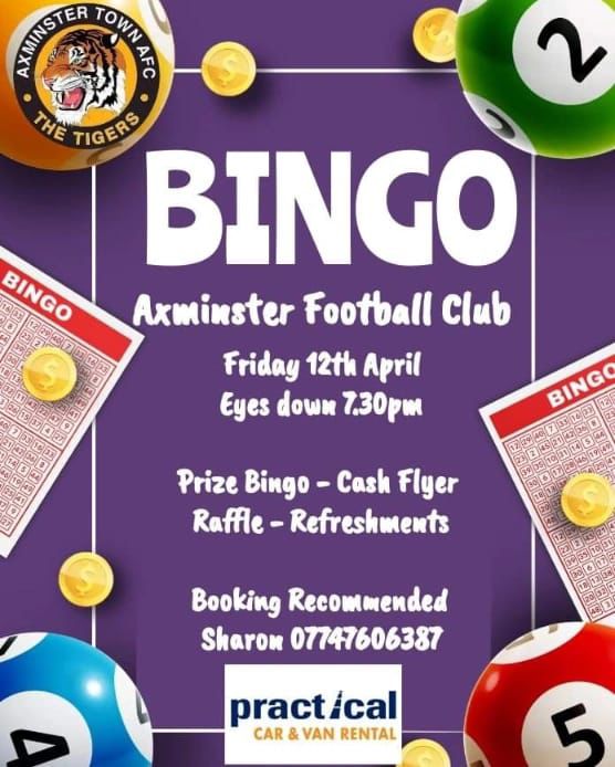 Don't forget it's our prize BINGO this evening. There's still time to book a table. Contact Sharon on 07747 606387 to book. #Tigers 🐅 #Axminster 🧡#CoyTigers ⚽️