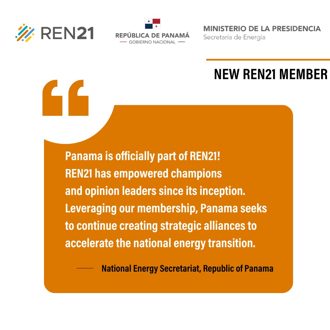REN21 - Renewables Now (@ren21) on Twitter photo 🎊Exciting News - Panama has joined REN21 as our New Member - Government <a href="/EnergiaPma/">Secretaría Nacional de Energía🇵🇦</a>
We look forward to advancing renewable energy initiatives together while bringing Panama's perspective to our efforts.
<a href="/RosilenaLindoR/">Rosilena Lindo</a> #RenewablesNow #REbootTheWorld 🎊Exciting News - Panama has joined REN21 as our New Member - Government <a href="/EnergiaPma/">Secretaría Nacional de Energía🇵🇦</a>
We look forward to advancing renewable energy initiatives together while bringing Panama's perspective to our efforts.
<a href="/RosilenaLindoR/">Rosilena Lindo</a> #RenewablesNow #REbootTheWorld