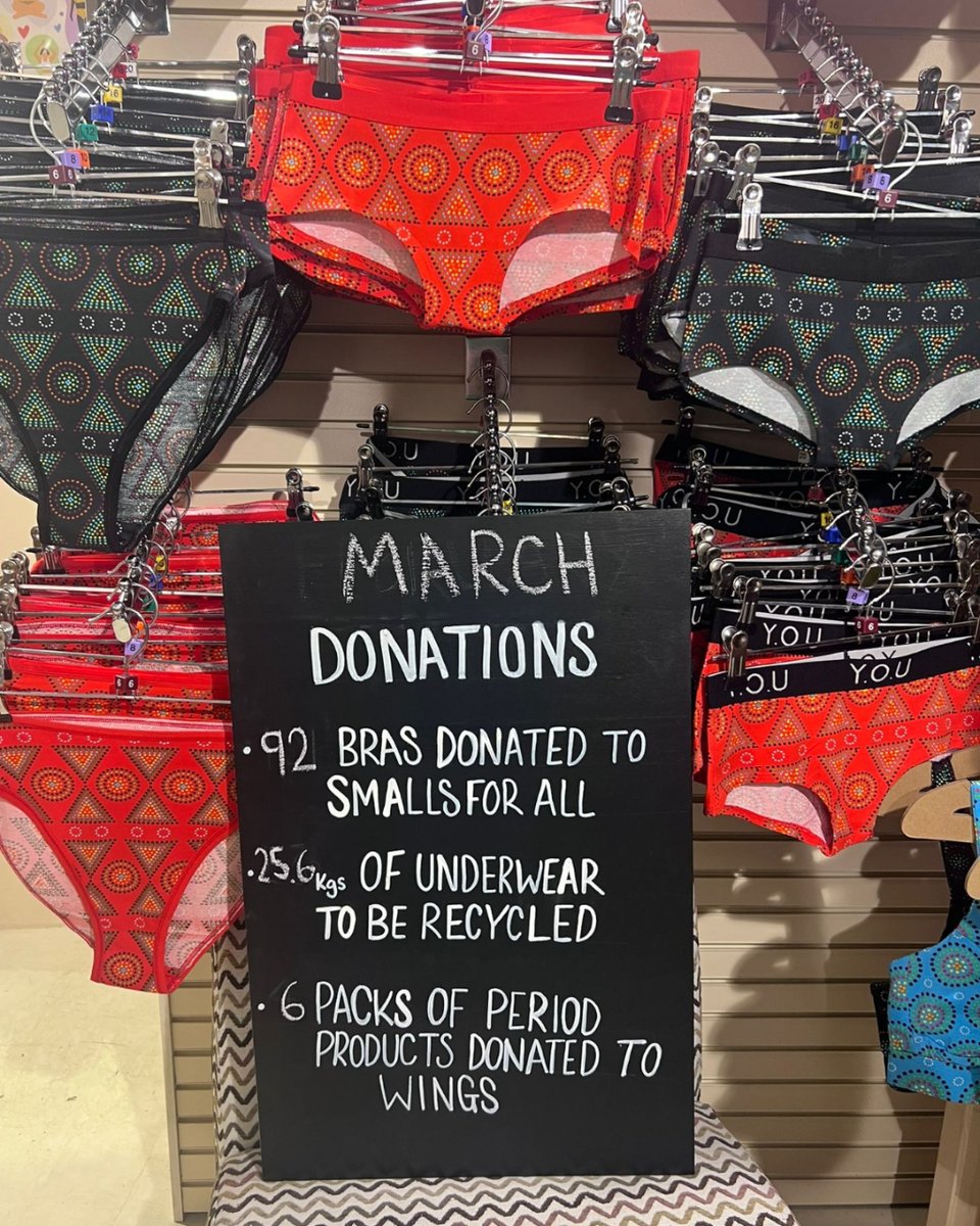 In March you helped us collect... 👙 92 bras for Smalls for All  ♻️ 25.6kg of underwear, socks & tights to be recycled and so saved from landfill.  🩸6 packs of period products donated to Wings  Thank you!