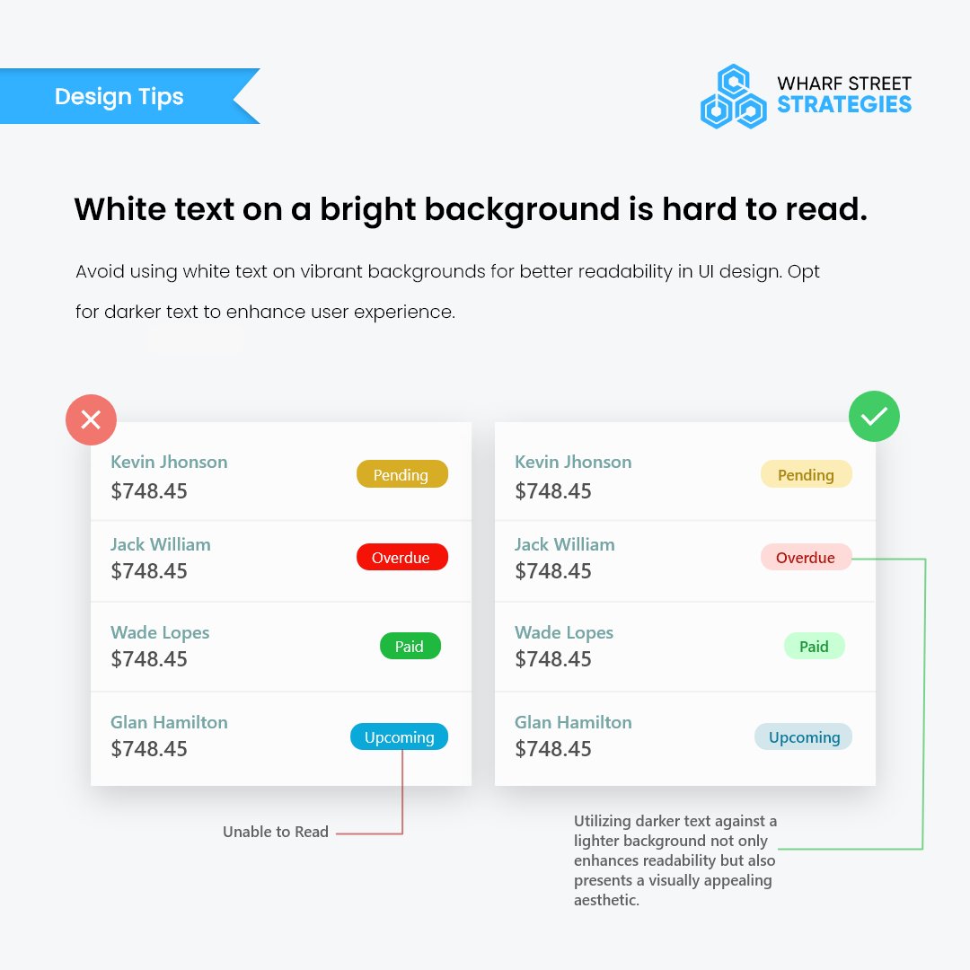 Enhance readability in UI design by opting for darker text on vibrant backgrounds. Say goodbye to eye strain and hello to a smoother user experience! Contact us for more information at info@wharfstreetstrategies.com #wharfstreet #highlight #EmptyStates #emphasize #MobileDesign