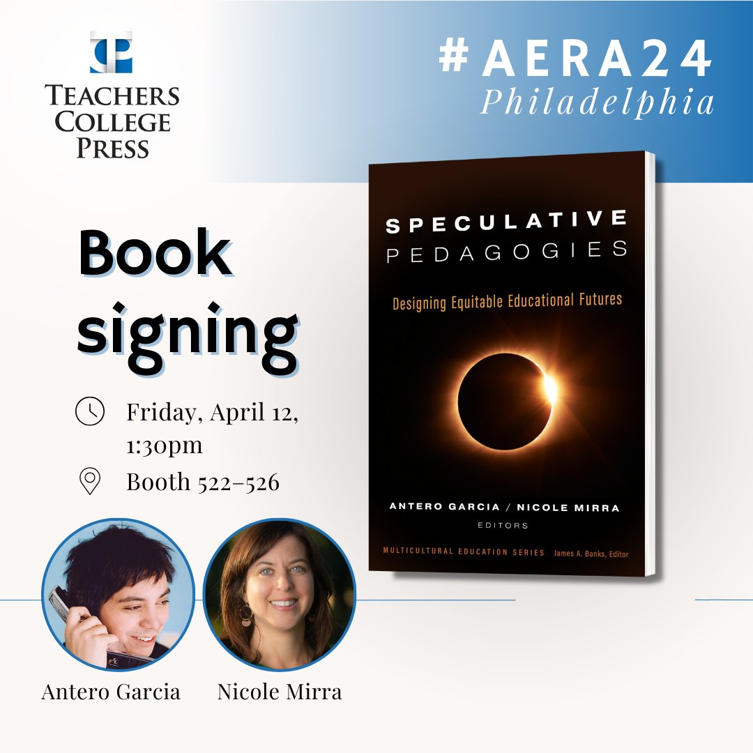 It's always awkward sitting at the book signing table so come say hi to @anterobot & I today! & then come to the poster session on Saturday where many of the authors from the book & recent JLS issue on speculative ed will share their work (1:15pm CC Level 100 Rm 115B) #AERA2024