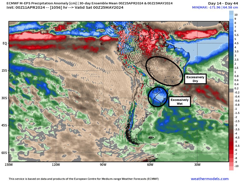 Met_khinz's tweet photo. ⚠️Weather problems ahead for #Brazil #safrinha #corn?

Latest SA ag weather update to @bamwxcom today highlights a pattern returning next 4-6 weeks of both excessive dryness (central) &amp; moisture (south).

Will be interesting to see how the market reacts to this.

#AGwx #OATT https://t.co/3kG25cLtBY