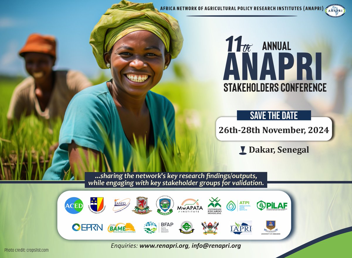 Save the date for our upcoming ANAPRI Stakeholders Conference scheduled to hold on November 26th-28th, 2024 in Senegal. Join us as we share pivotal research findings and engage with key stakeholders. #Savethedate #AgriculturalPolicy #Research #Agriculture #Senegal