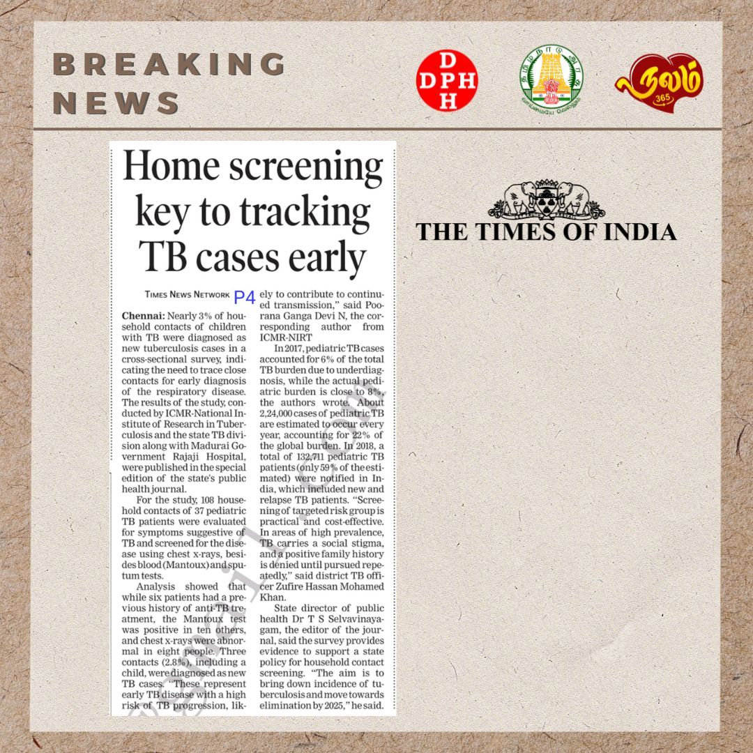Home screening key to tracking TB cases early !!!

Credits - @timesofindia

@CMOTamilnadu @mkstalin @Subramanian_ma @DrSelvaTN @GSBediIAS @NHM_TN @UNICEFIndia @icmrnirt1 @UNDP_India @chennaicorp @icmr_nie