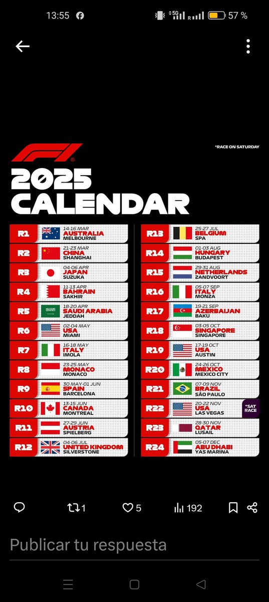 Acaba de salir el calendario del Mundial de Fórmula 1 2025. Empieza en Melbourne el 16 de marzo, con China a continuación. El GP de España será el uno de junio en Barcelona. Final el 7 de diciembre en Abu Dabi.