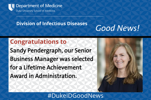 DukeAdultID's tweet photo. Congratulations to our Senior Business Manager, Sandy Pendergraph. She was selected for a Lifetime Achievement Award in Administration. #DukeID #DukeIDGoodNews #IDTeam https://t.co/CM1tG7lTvt