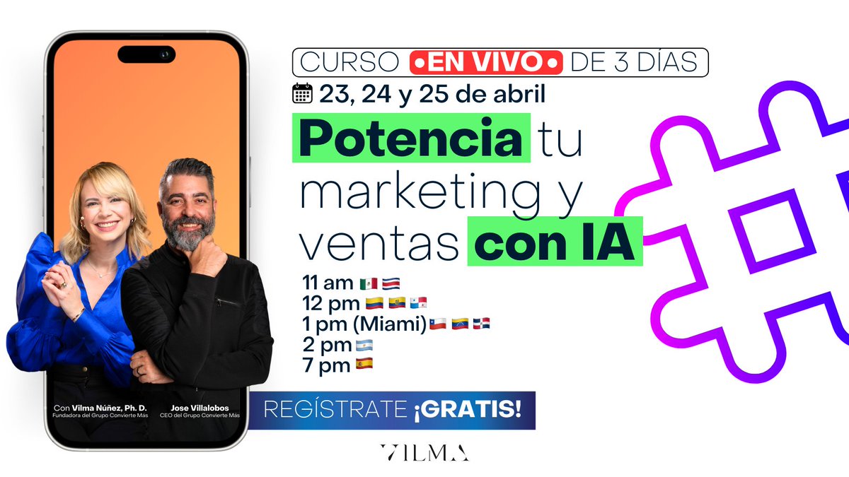 ¡Prepárate para transformar tu estrategia de marketing y ventas con el poder de la IA! En nuestro curso en vivo de 3 días, te llevaré de la mano para desbloquear el verdadero potencial de la inteligencia artificial en tu negocio. Regístrate gratis aquí: conviertemas.pulse.ly/hqxjikldsq