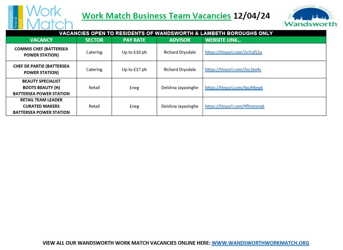 #Friday We highlight jobs based in #Wandsworth & #NineElms. Roles open to #Richmond & #Wandsworth residents, while #NineElms #vacancies open to Lambeth residents Jobs in #Admin, #hospitality, #Chef, #Retail, #Barista See Images⬇️ For details & to apply➡️bit.ly/3todRCZ