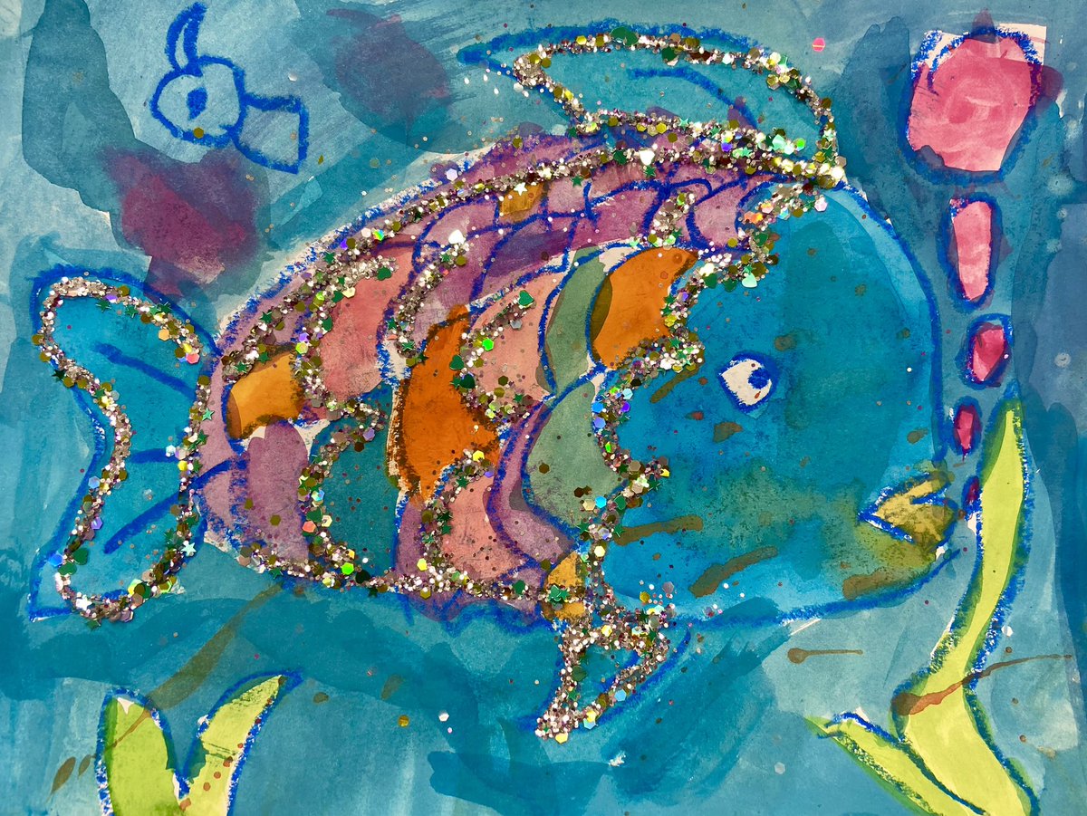 Check out these gorgeous watercolor paintings of The Rainbow Fish that #Kindergarten created in Art Class! These young artists have come so far since September, and we couldn’t be prouder! #arted #arteducation #creativekids #kidsart #onlyatcba