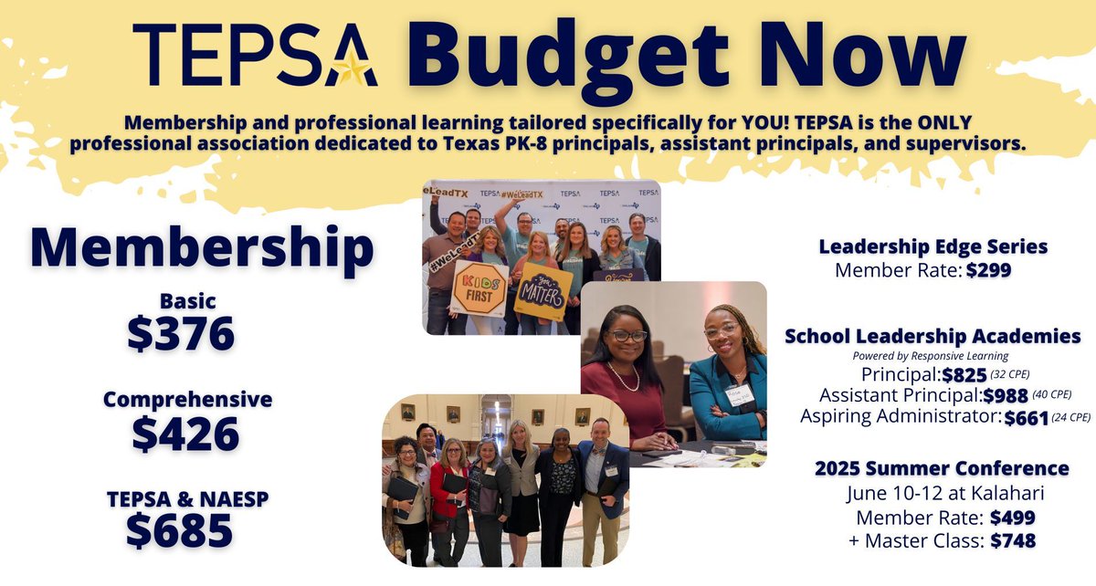 Make sure you budget now for all the great learning happening this fall and into 2025! tepsa.org #WeLeadTX #TXed