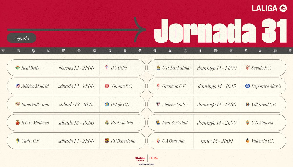 ¡LLAMADA DE EMERGENCIA a todxs lxs futbolerxs! Por aquí la jornada 31 de @LaLiga para que organicen su fin de semana. 📅 👀