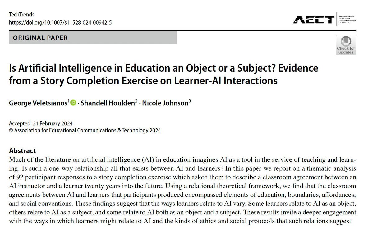 How might #AI be used in future classrooms? Researchers at #AERA24 used a writing prompt for students, who expressed nuanced expectations of AI-based tools:
🧑‍💻  Respect personal  boundaries
🤝  Exhibit honesty &amp; trust
👥  Cooperate with learners
#EdTech
buff.ly/3PZlT2t