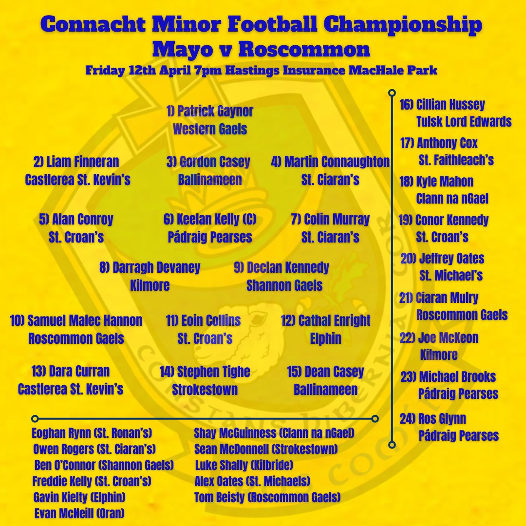 📣 James Duignan has named his team to face Mayo in Round 1 of the Connacht Minor Football Championship in Castlebar this evening. 🚫 Tickets will not be sold at the venue 🎟️ Advance ticket sales only at bit.ly/3PTXNGj Live Stream ➡️ page.inplayer.com/connachtgaa/it… #Rosgaa