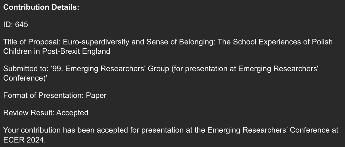 I'm really excited to have my presentation accepted to the #ECER2024 conference in Cyprus in August! 😍 

I'll present some findings from my PhD thesis, focusing on children's experiences of belonging in their multi-ethnic school despite the #HostileEnvironment.