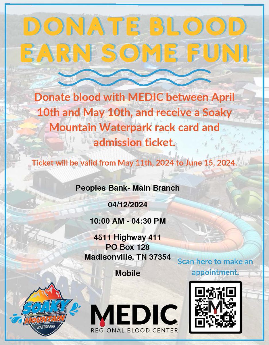 Earn some fun by donating blood today! 

The MEDIC Mobile Donation bus will be here from 10 am to 4:30 p.m. The blood drive is open to the public. On behalf of MEDIC, all donors will receive a Soaky Mountain Waterpark admission ticket!

 #donatetoday