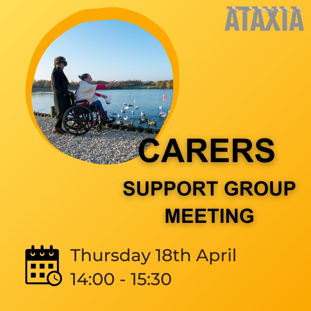 Join us for our next Carers support group meeting on Thursday 18th April from 14:00-15:30. Exchange useful advice on caring for someone with ataxia while connecting with other carers. Head over to the link in our bio to register: bit.ly/3P3DFAV #AtaxiaUK