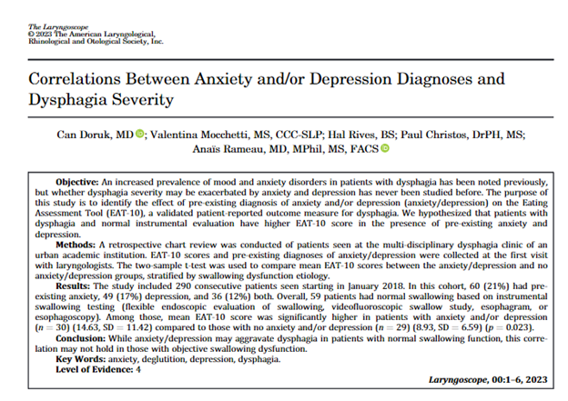 Happy Friday! ICYMI: Another #free read: Correlations Between Anxiety and/or Depression Diagnoses and Dysphagia Severity. #Laryngoscope #Triological