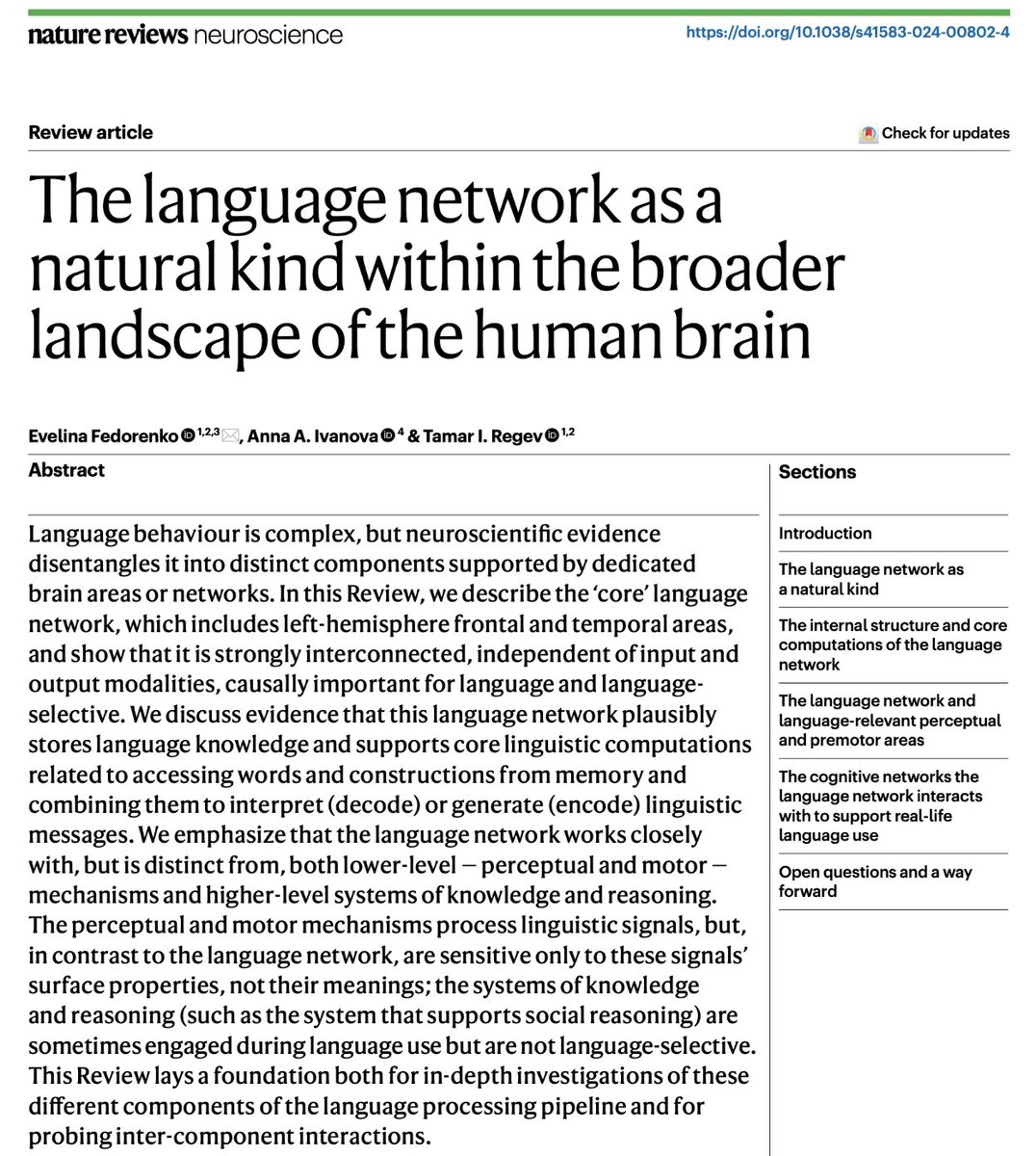 Thrilled to share a review on THE LANGUAGE NETWORK AS A NATURAL KIND—a culmination of ~20 yrs of thinking about+studying language from linguistic, psycholinguistic, and cog neuro perspectives. @NatRevNeurosci rdcu.be/dEylV With the amazing @neuranna @tamaregev 🥳 🧵1/n