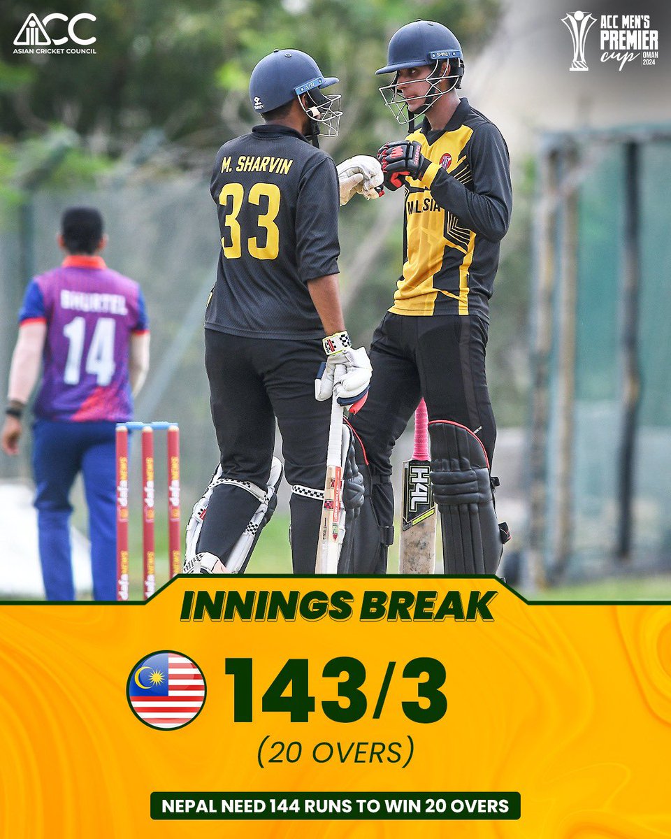 A clinical bowling effort has restrict Malaysia to 143. Can the seamers trouble the Nepalese batters early? Or will Nepal register their first win? 💪

#NEPvMAL #ACCMensPremierCup #ACC