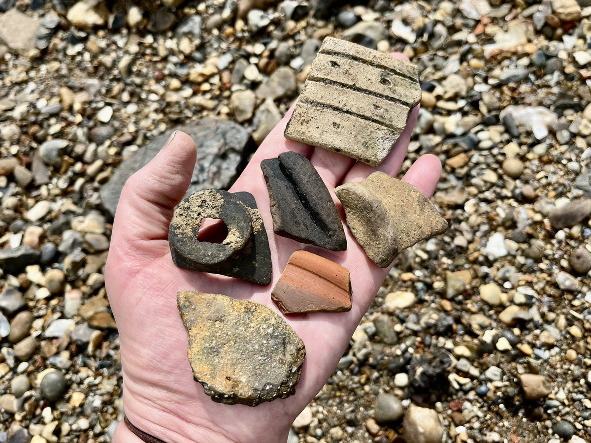 This is why I love the Thames. Handful of pottery sherd pick’n’mix from this morning’s low tide. From the top - medieval Surrey Whiteware handle (slashed & stabbed), Roman black-burnished ware rim & pot base, small sherd of Samian & my first fragment of Late Saxon Shelly ware.