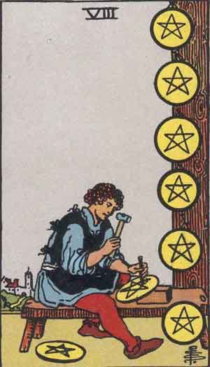 Card for the Weekend April 12 - 14: Eight of Pentacles - Pay attention to detail and take pride in your work. If you care about what you're doing, the results will be fantastic. #tarot #tarotcardmeanings #cardfortheweekend #weekendtarot #thetarotlady