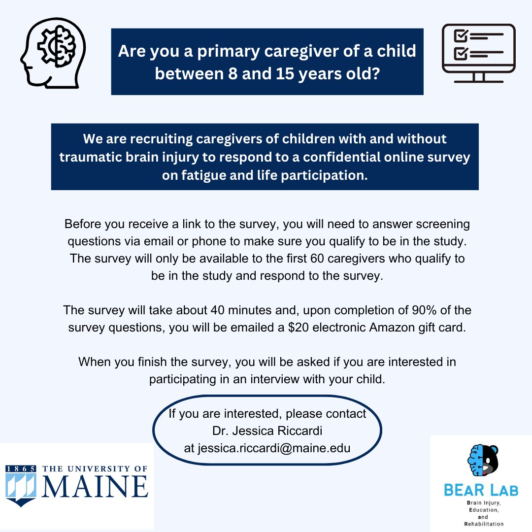 We are recruiting caregivers of children between 8 and 15 years old, including children with traumatic brain injury! Please consider participating in our survey (and sharing with your contacts!)