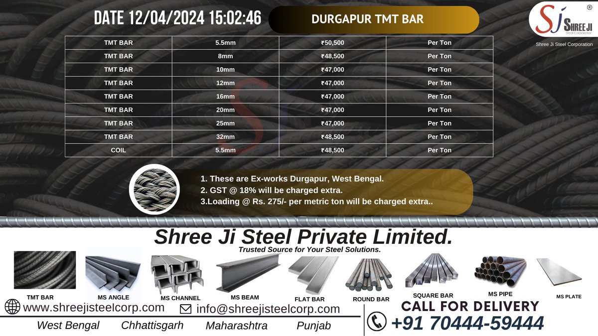 TMT BAR PRICE LIST 12/04/2024 15:38:11 TMT BAR5.5mm₹50,500Per Ton TMT BAR8mm₹48,500Per Ton TMT BAR10mm₹47,000Per Ton TMT BAR12mm₹47,000Per Ton TMT BAR16mm₹47,000Per Ton TMT BAR20mm₹47,000Per Ton TMT BAR25mm₹47,000Per Ton TMT BAR32mm₹48,500Per Ton COIL5.5mm ₹48,500Per Ton…