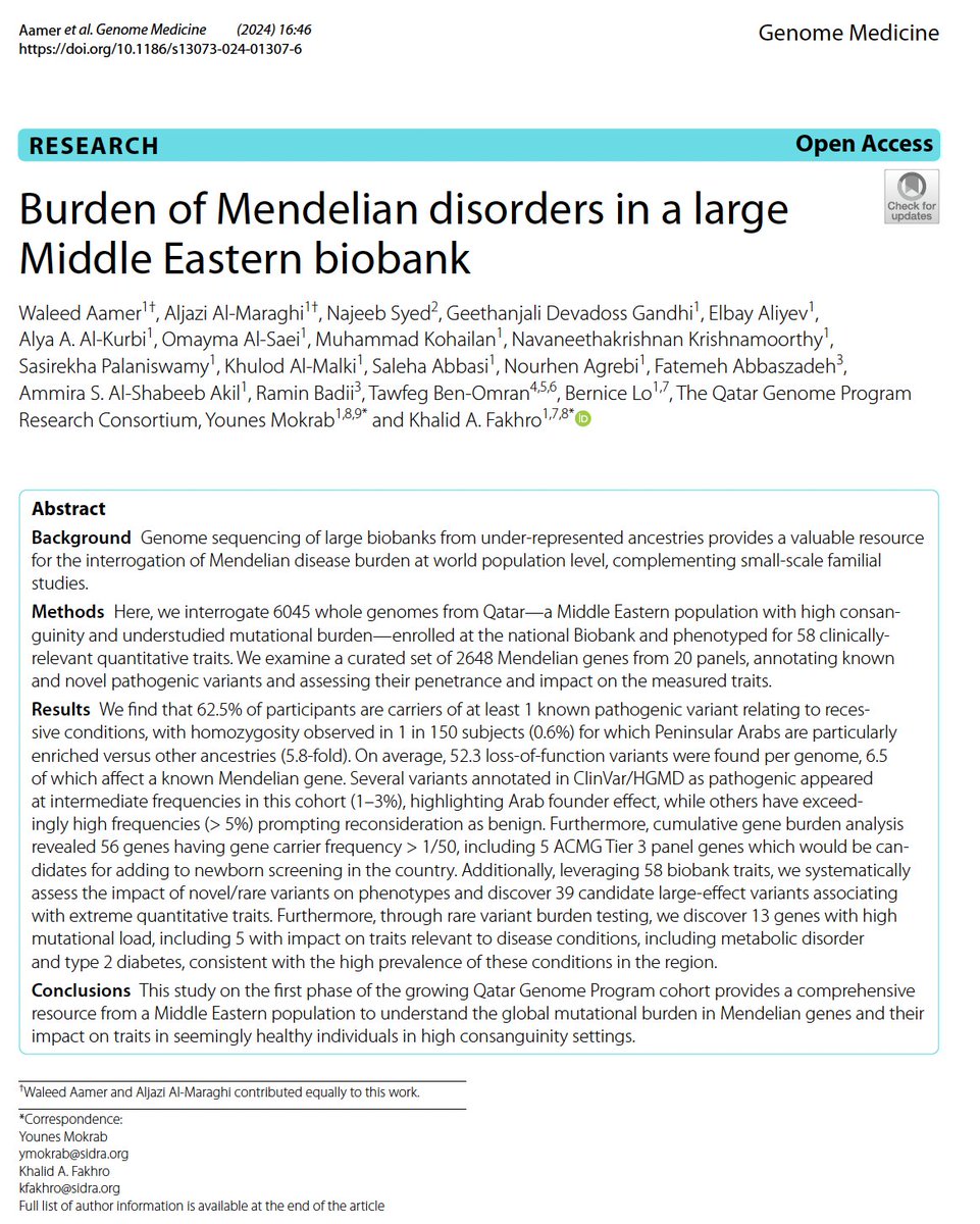 Genetic variation is relatively poorly studied in the Middle East, particularly where endogamy and consanguinity are more common. Among 6K WGS in Qatar, 2 in 3 (!) was a carrier for a pathogenic mutation for an autosomal recessive condition. link.springer.com/article/10.118…
