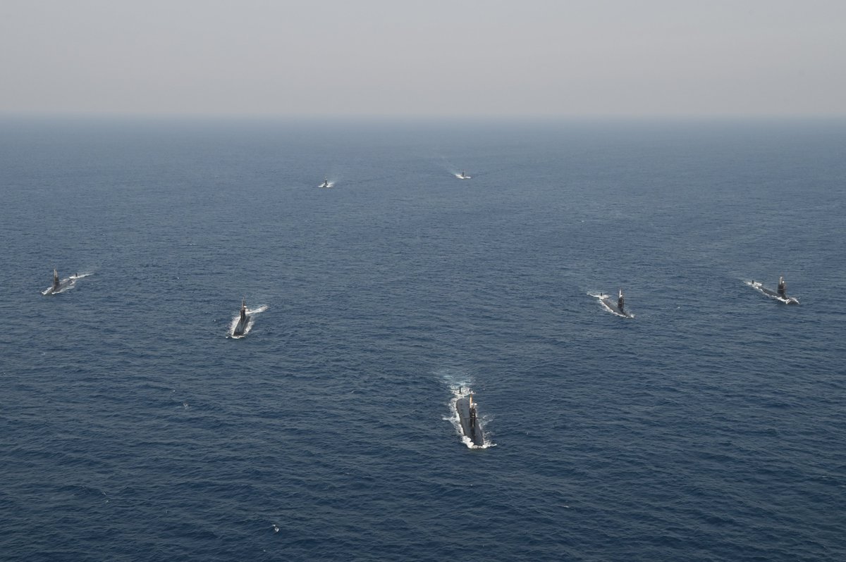 'Submarine Elephant Walk' by the Shishumar-class and Kalvari-class during the farewell visit of the Navy Chief Admiral R Hari Kumar to Southern Naval Command.